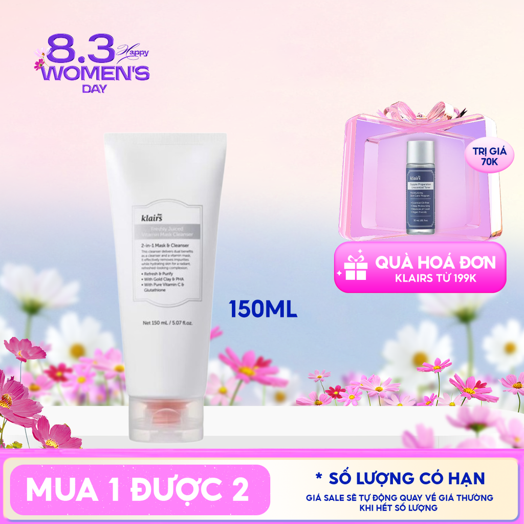 Sữa Rửa Mặt Klairs Hỗ Trợ Làm Sáng Da, Cải Thiện Lỗ Chân Lông Freshly Juiced Vitamin Mask Cleanser 150ml