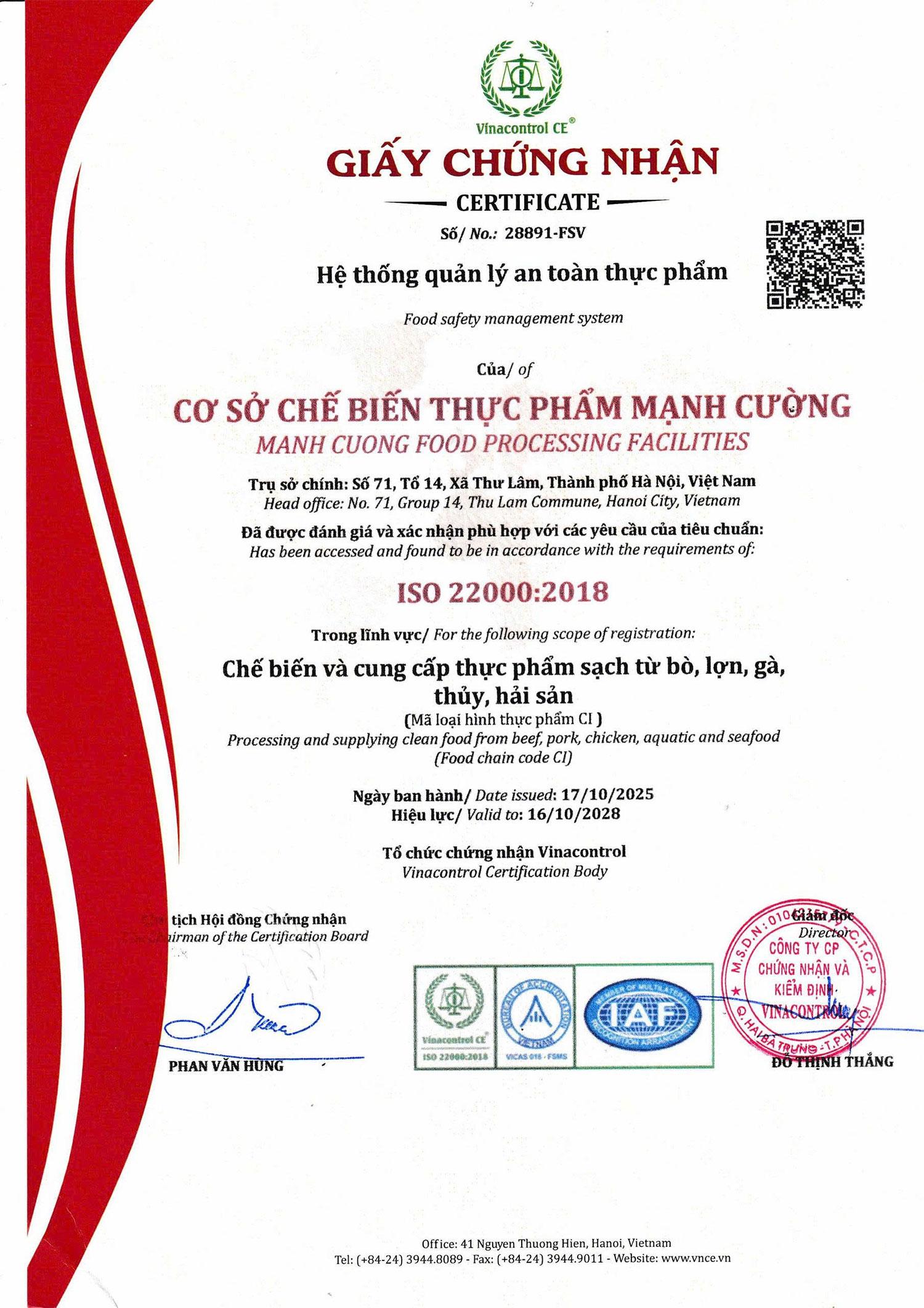 Giấy chứng nhận cơ sở chế biến Thực phẩm Mạnh Cường