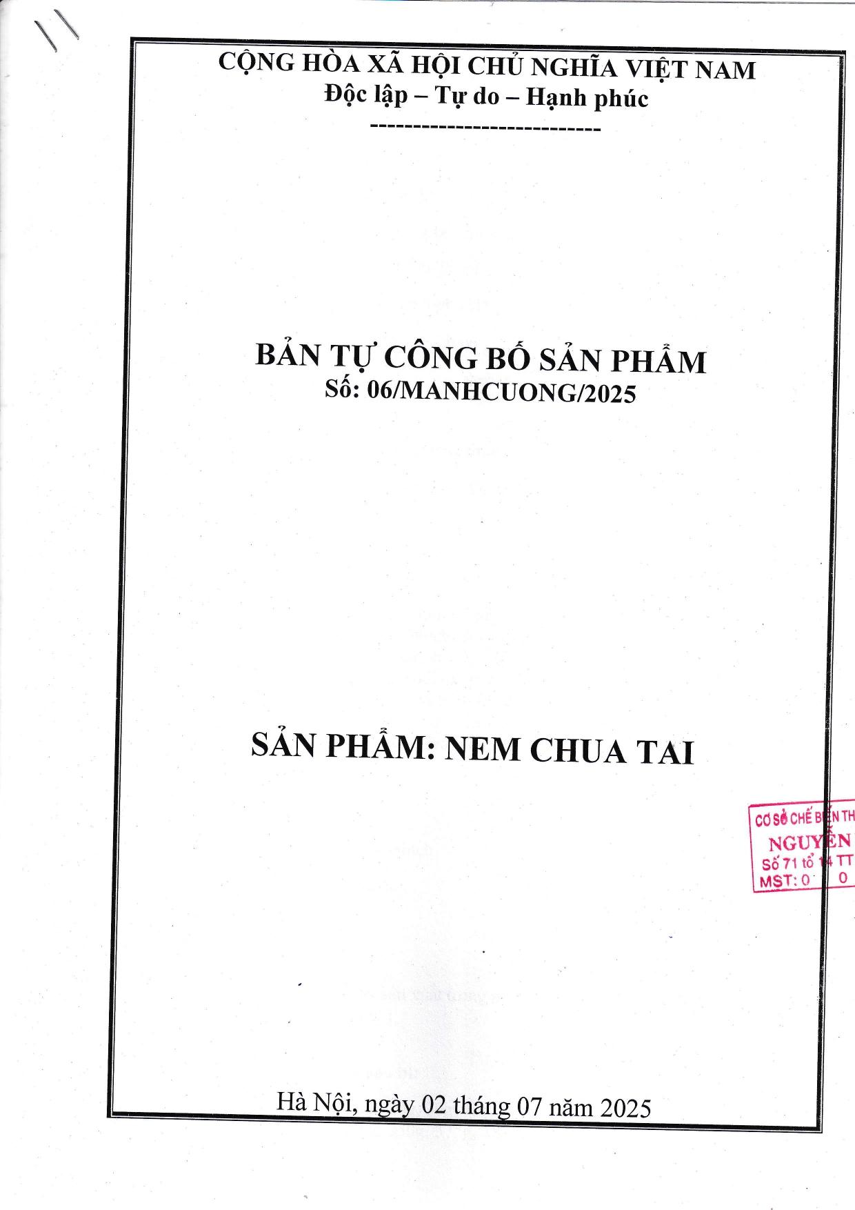 Công bố nem chua tai 2025