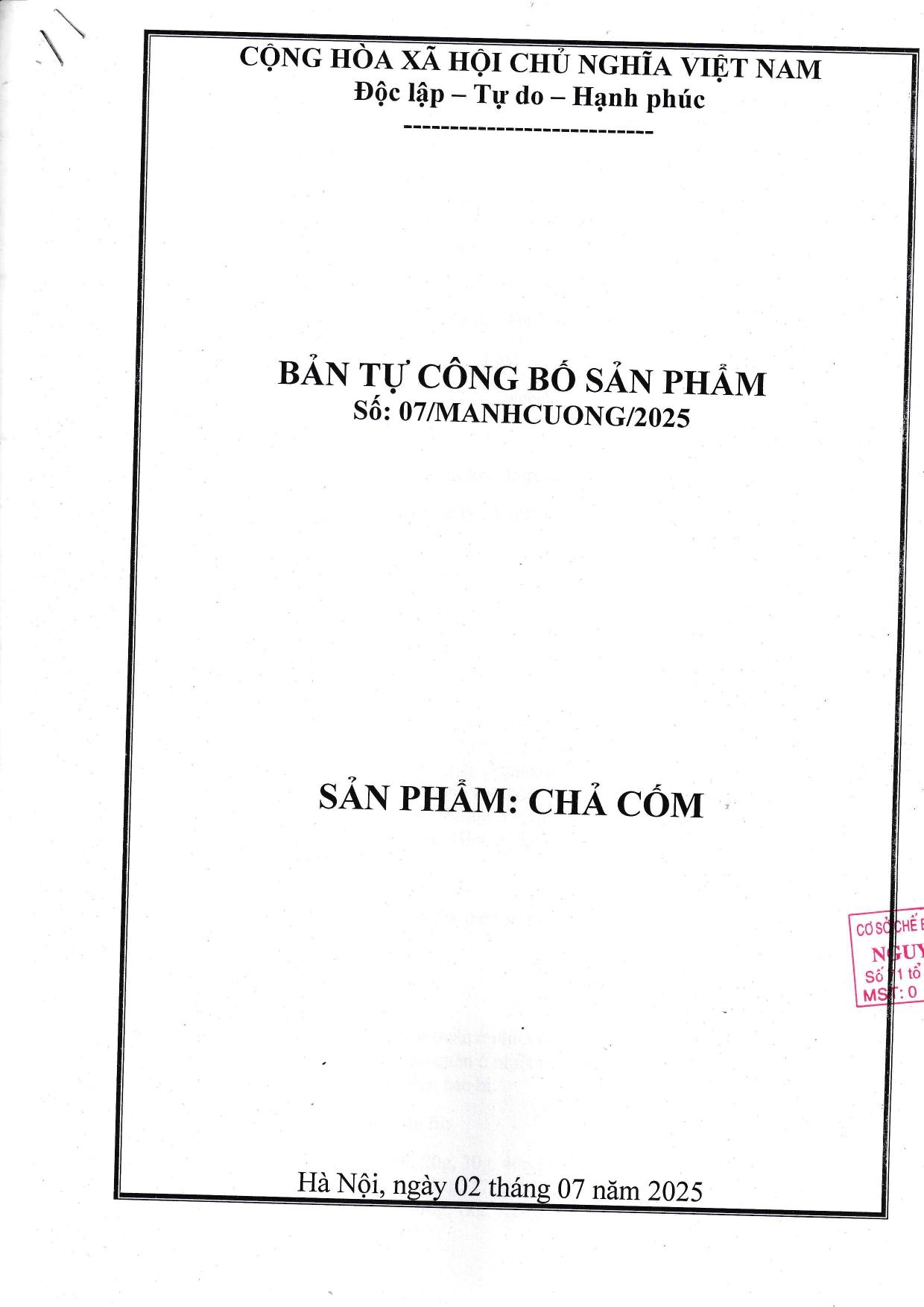 Công bố sản phẩm chả cốm 2025
