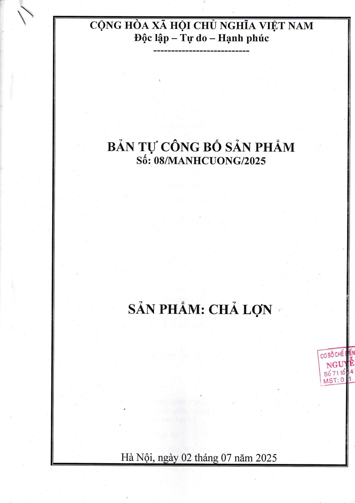 Công bố sản phẩm chả lợn 2025