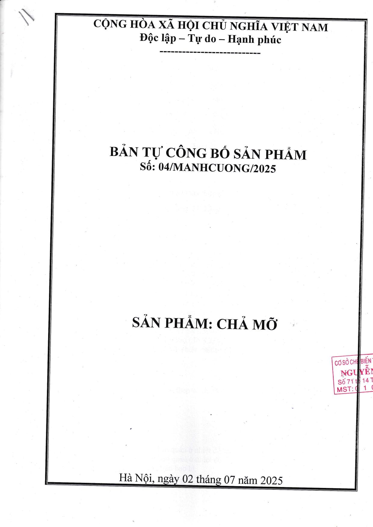 Công bố sản phẩm chả mỡ 2025