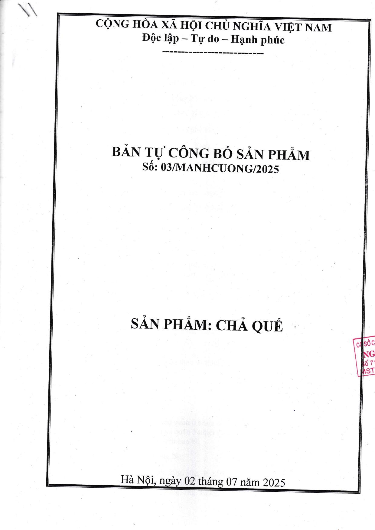 Công bố sản phẩm chả quế 2025