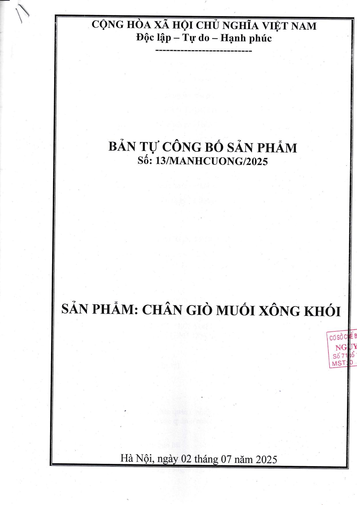 Công bố sản phẩm chân giò muối xông khói 2025