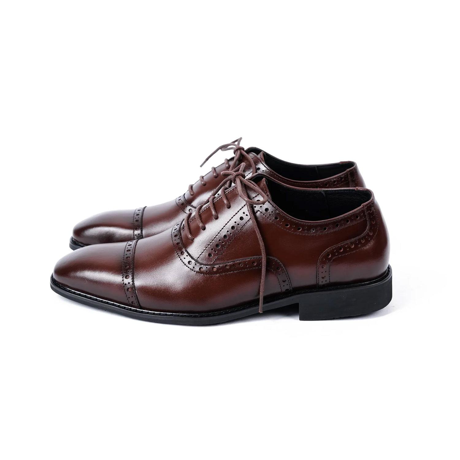 Giày Captoe Oxford da bò màu nâu sậm đế cao su