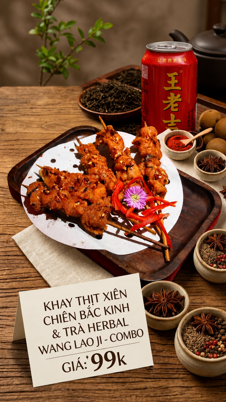 Combo thịt xiên chiên Bắc Kinh & Trà Herbal Wang Lao Ji