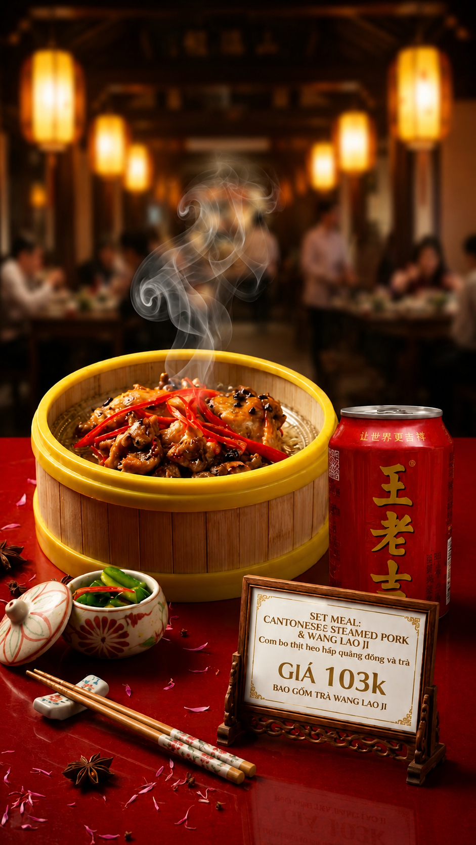 Combo thịt heo hấp Quảng Đông và Trà Thảo Mộc Wanglaoji