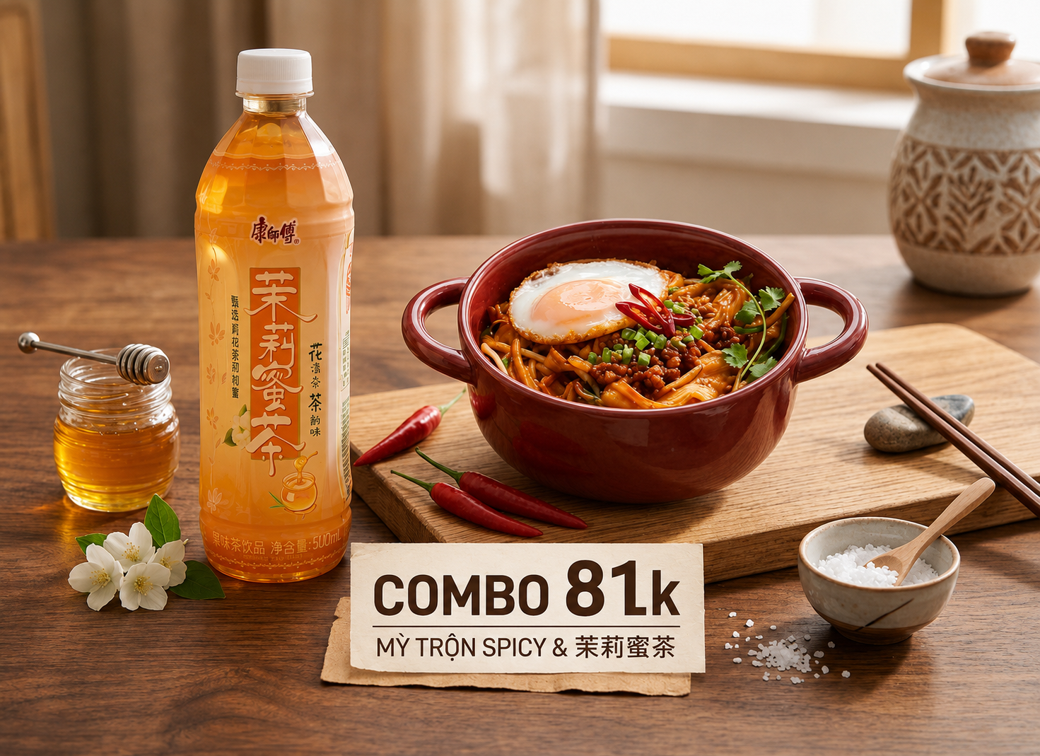 Combo mỳ trộn spicy & Trà hoa nhài mật ong