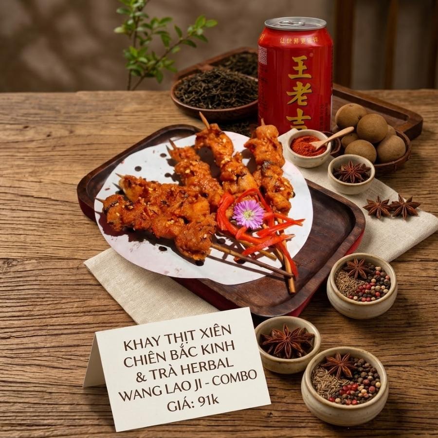 Combo thịt xiên chiên Bắc Kinh & Trà Herbal Wang Lao Ji